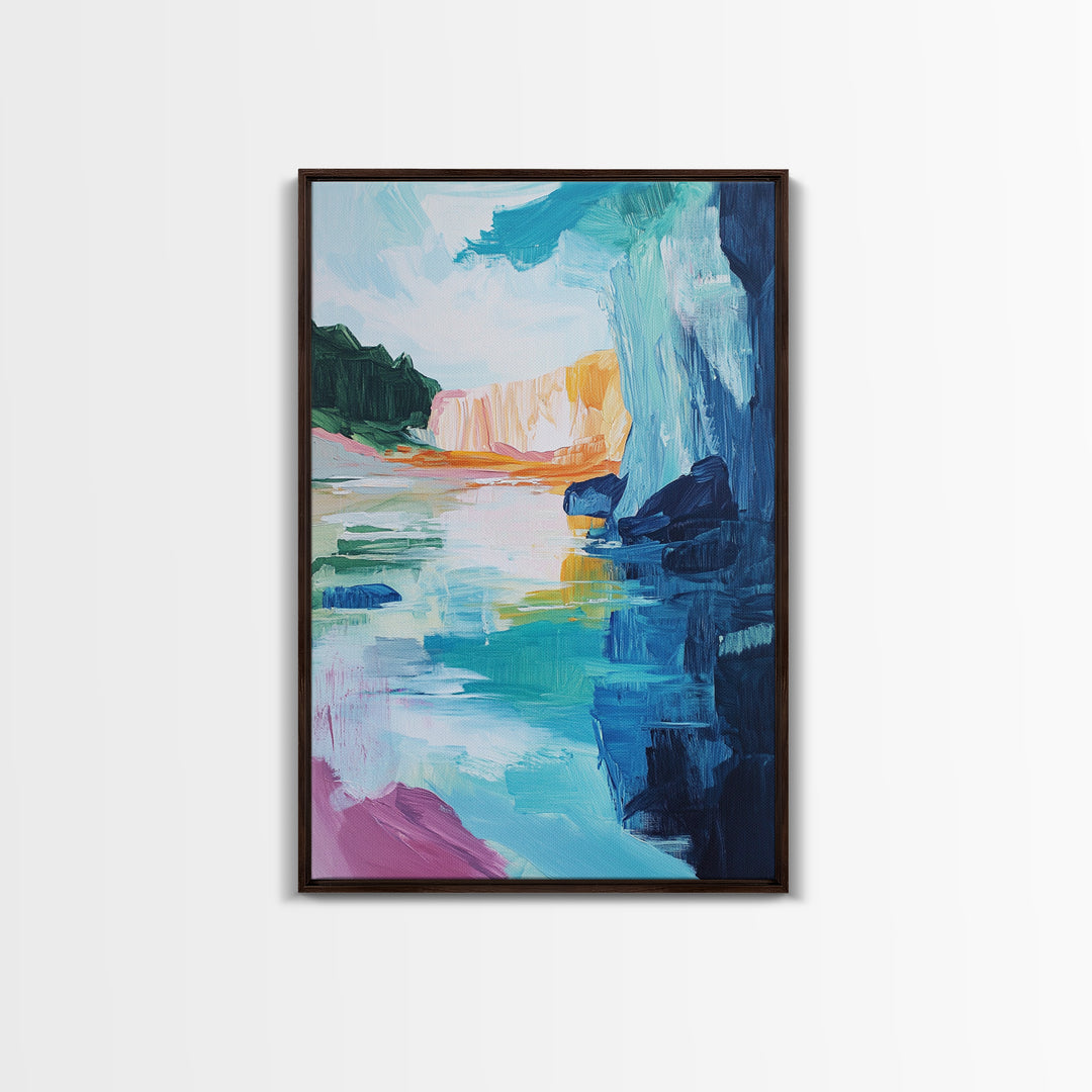 Canyon Lake, landscape painting, southwest wall art, moody art, blue and green wall art, extra wide art, Canvas Print, seascape painting