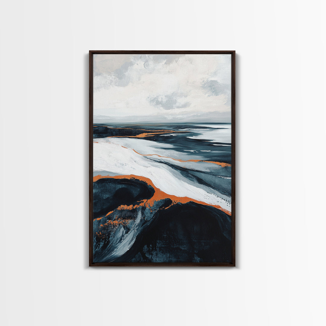 abstract seascape painting, blue and green wall art, modern coastal decor, wabi sabi art, Framed Canvas Print, extra wide art, moody art