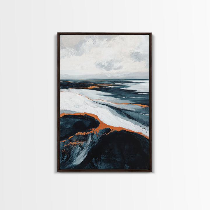 abstract seascape painting, blue and green wall art, modern coastal decor, wabi sabi art, Framed Canvas Print, extra wide art, moody art