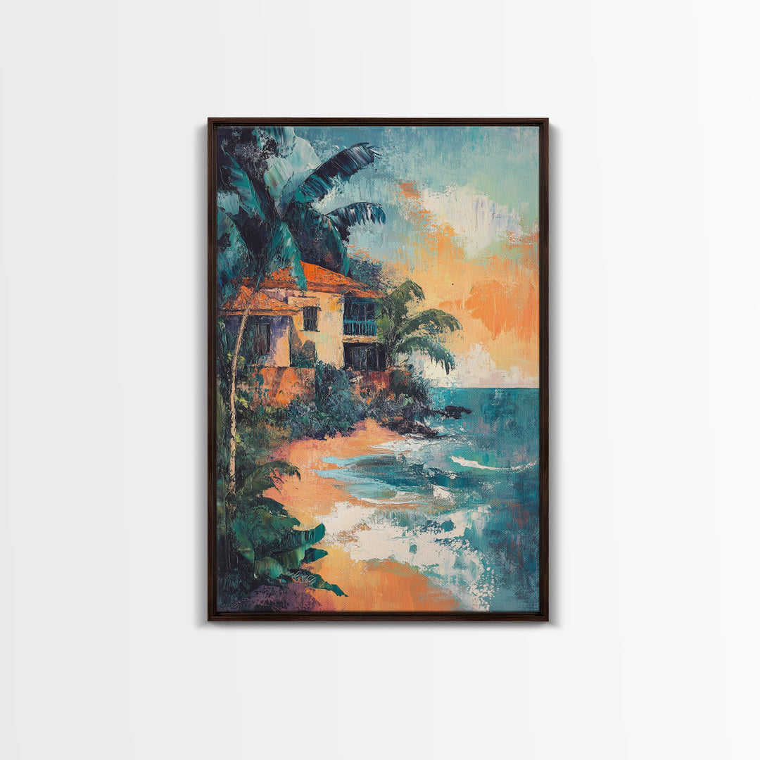 Coastal House, Tropical Art, Nautical Wall Art, Seascape Painting, Canvas Print, Palm Tree Art, Rustic Decor, Coastal Cowgirl Wall Art