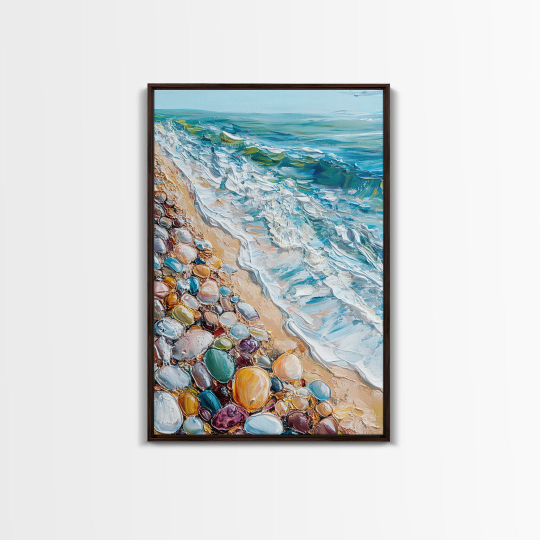 Ocean Shore, beach painting, coastal landscape art, nautical wall art, living room art, abstract seascape, framed canvas print