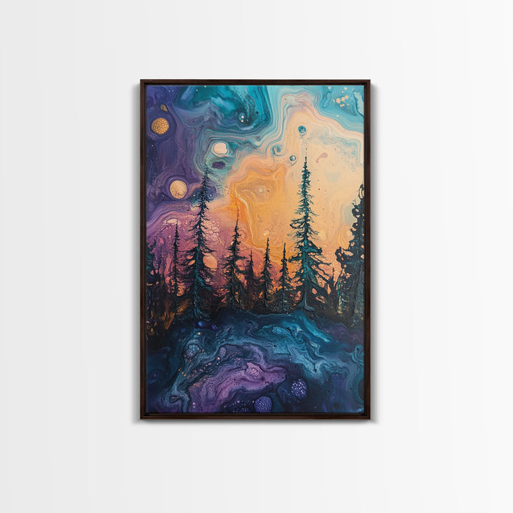 Cosmic Trees, forest at dusk painting, pine tree art, fantasy landscape, moody art, celestial wall art, mystical art, canvas print