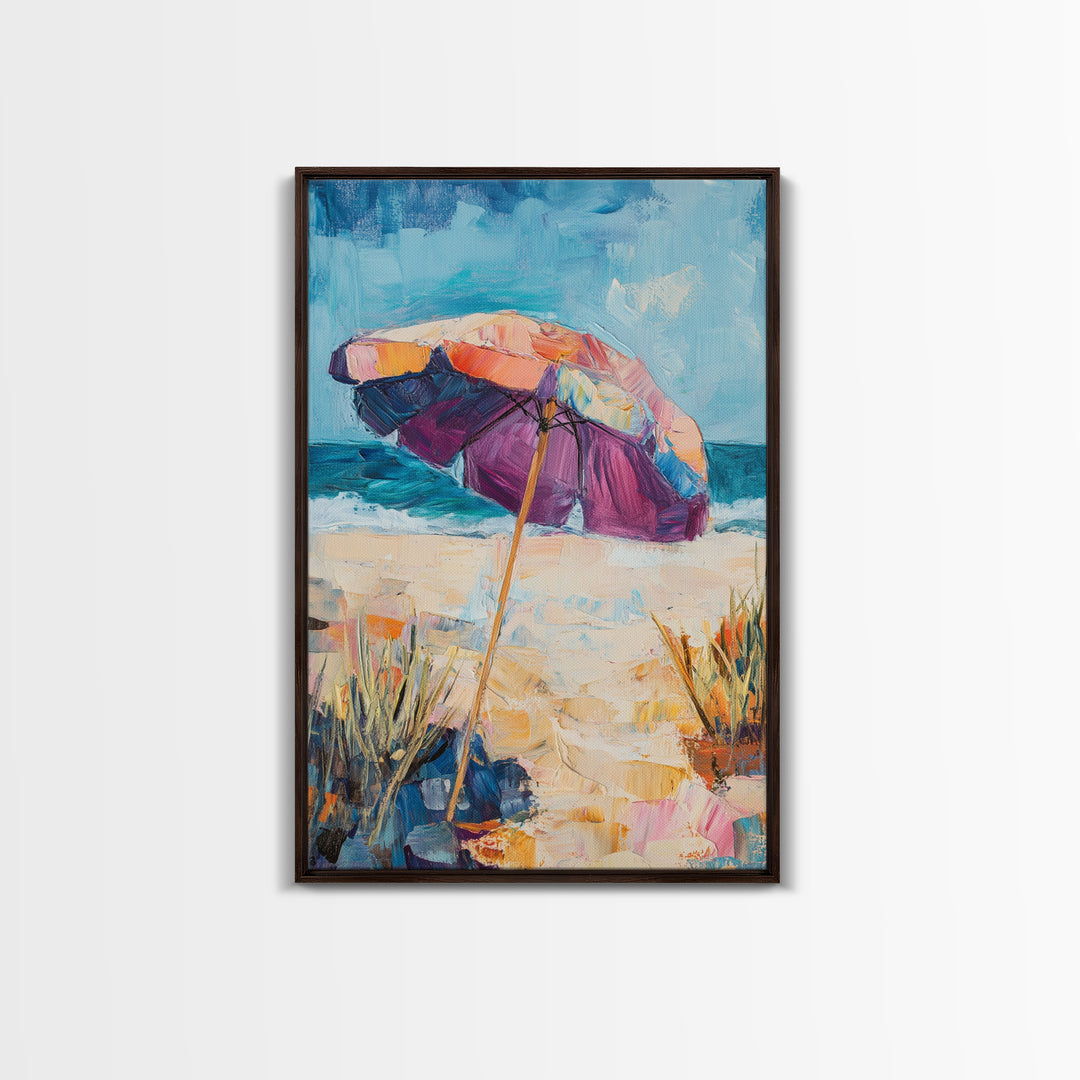 Beach Umbrella, Coastal Wall Art, Seascape Painting, Nautical Decor, Ocean Painting, Coastal Landscape Art, Framed Canvas Print