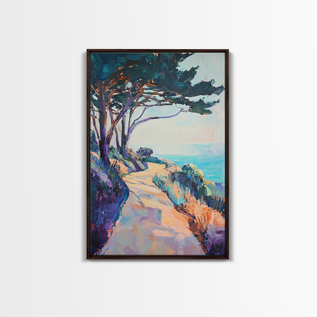 Ocean Cliff Path, coastal landscape art, pine tree art, rustic wall art, blue and green wall art, framed canvas, above bed wall art