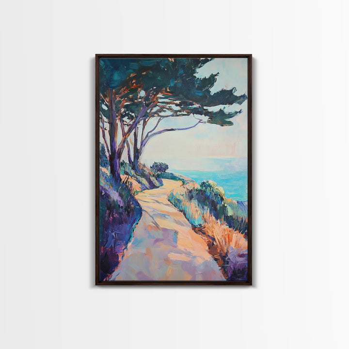Ocean Cliff Path, coastal landscape art, pine tree art, rustic wall art, blue and green wall art, framed canvas, above bed wall art