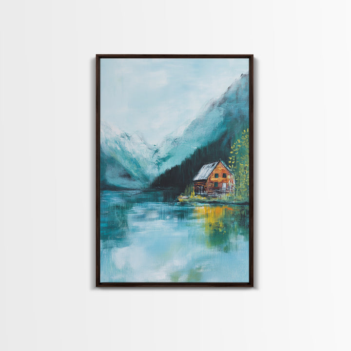 Cabin by Lake, lake Tahoe art, mountain painting, rustic wall art, bedroom art, nature wall art, framed canvas print, home decor