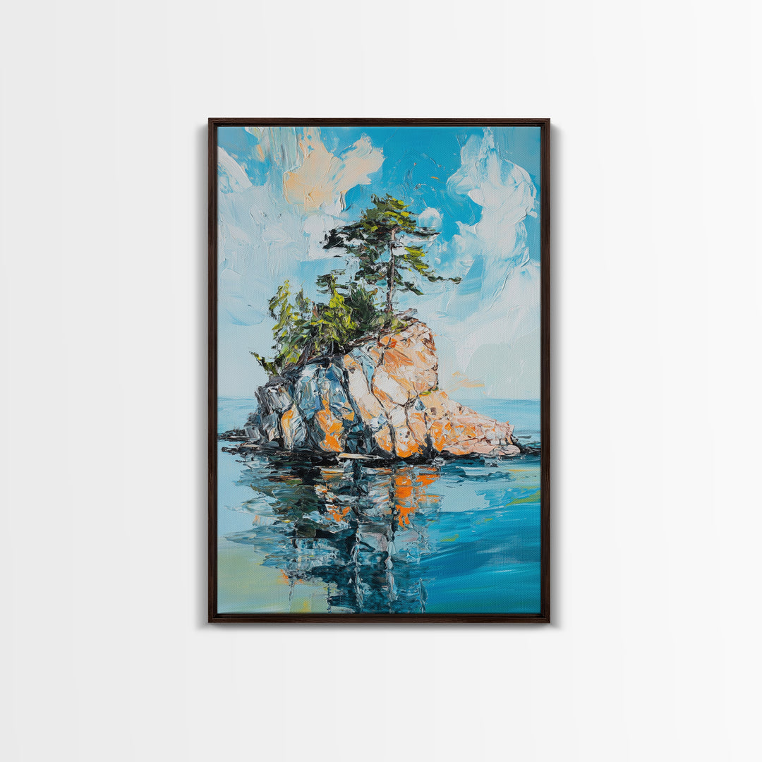 Rocky Island, Nature Painting, Canvas Print, Coastal Landscape Art, Ocean Wall Art, Nautical Decor, Living Room Art, Gift Idea