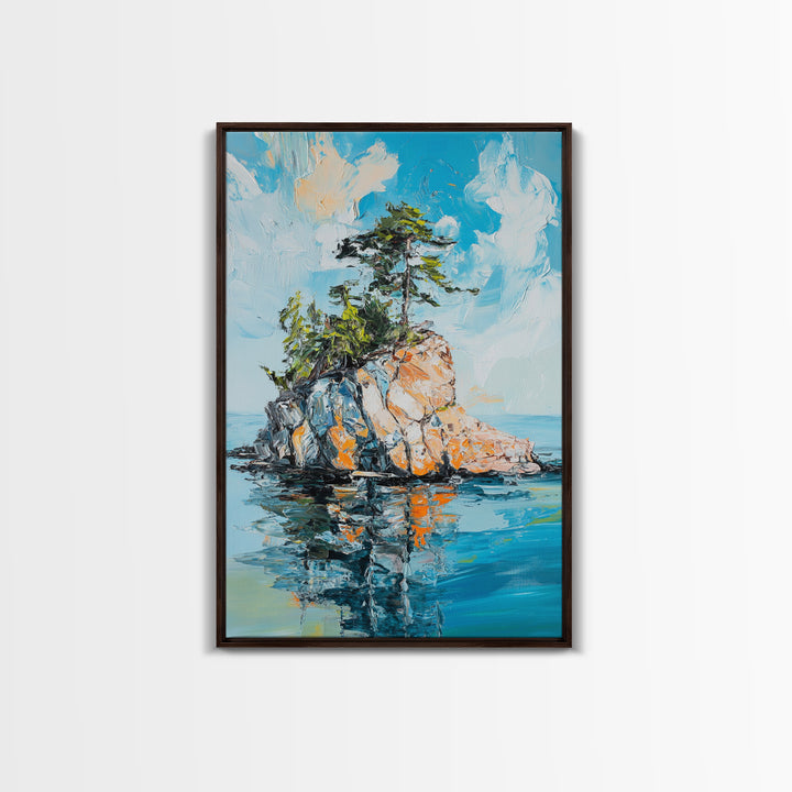 Rocky Island, Nature Painting, Canvas Print, Coastal Landscape Art, Ocean Wall Art, Nautical Decor, Living Room Art, Gift Idea