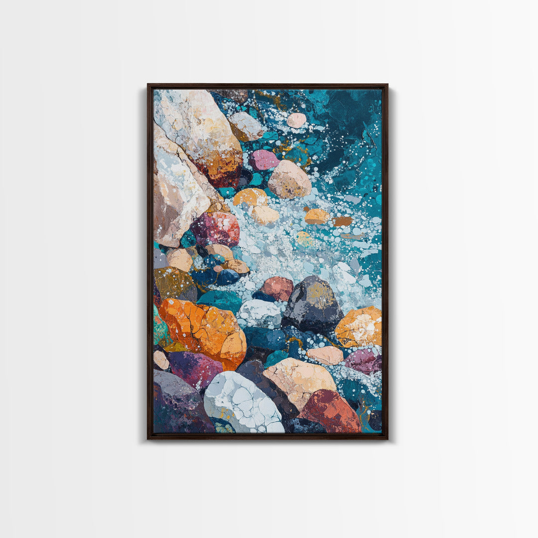 Pebble Beach, Ocean Painting, Canvas Print, Coastal Wall Art, Nautical Decor, Whimsical Art, Abstract Nature Art, Gift Idea