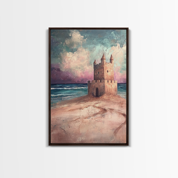Fantasy Castle Framed Canvas Print Dreamy Coastal Art, Whimsical Beach Painting, Living Room Wall Decor, Pastel Ocean Landscape