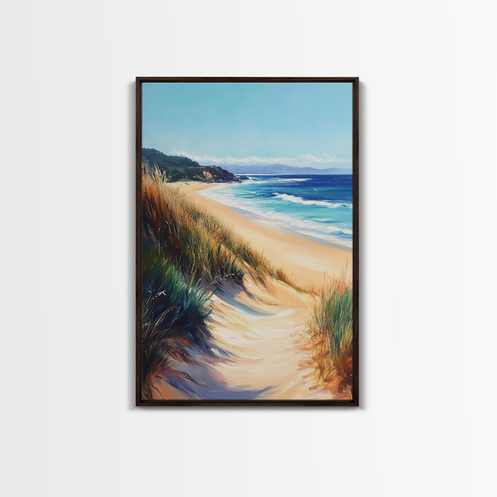 Coastal Sand Dunes Framed Canvas Print Serene Beach Painting, Ocean Landscape Wall Art, Relaxing Bedroom Decor, Nautical Home Style