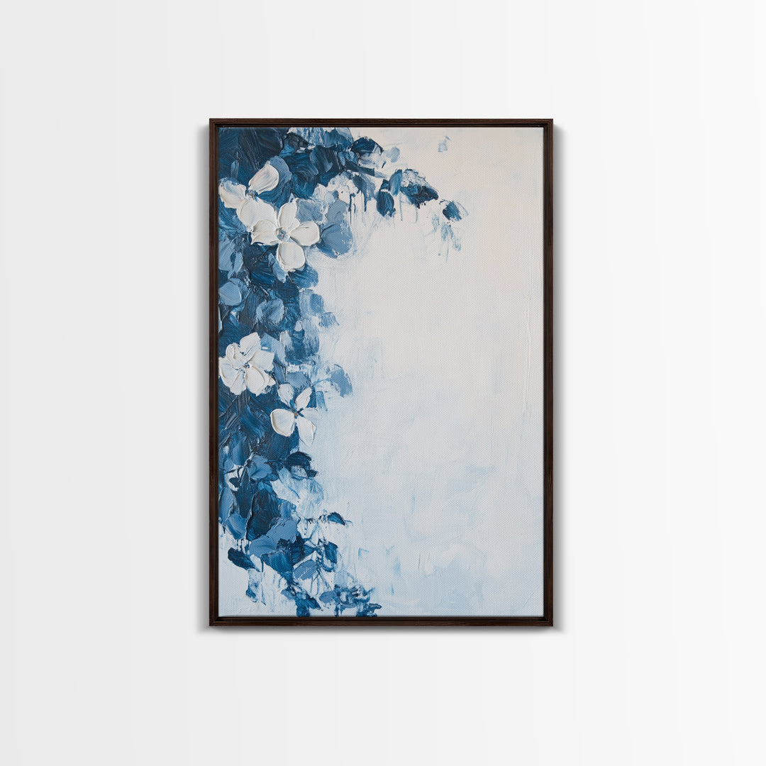 Blue Floral Framed Canvas Print Modern Botanical Wall Art, Minimalist Flower Painting, Elegant Bedroom Decor, Contemporary Art Gift