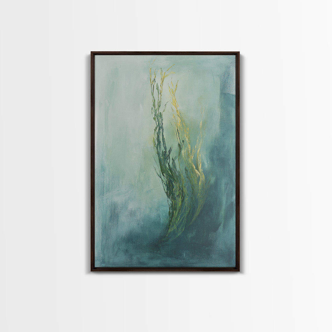 Abstract Seaweed Framed Canvas Print Minimalist Ocean Art, Coastal Botanical Wall Decor, Blue Green Seaside Painting, Serene Home Style