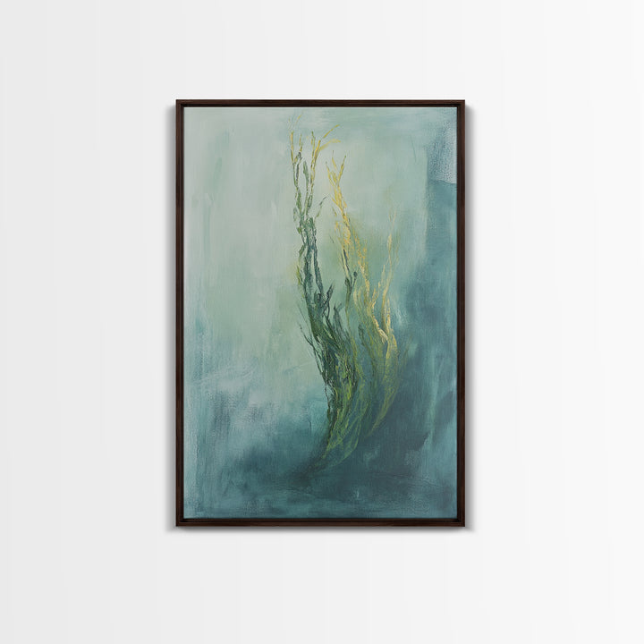 Abstract Seaweed Framed Canvas Print Minimalist Ocean Art, Coastal Botanical Wall Decor, Blue Green Seaside Painting, Serene Home Style