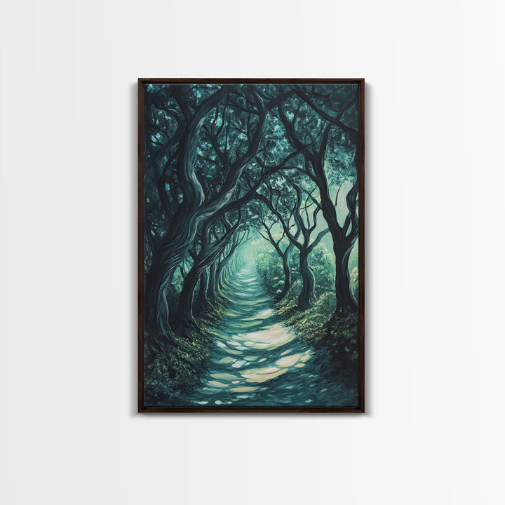Mystical Tree Tunnel Framed Canvas Print Enchanted Forest Art, Fantasy Landscape, Dark Green Nature Decor, Living Room Wall Art