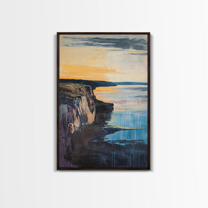 Dramatic Cliff Sunset Canvas Print Coastal Landscape Wall Art, Ocean Sunset Painting, Modern Beach Decor, Bedroom Aesthetic