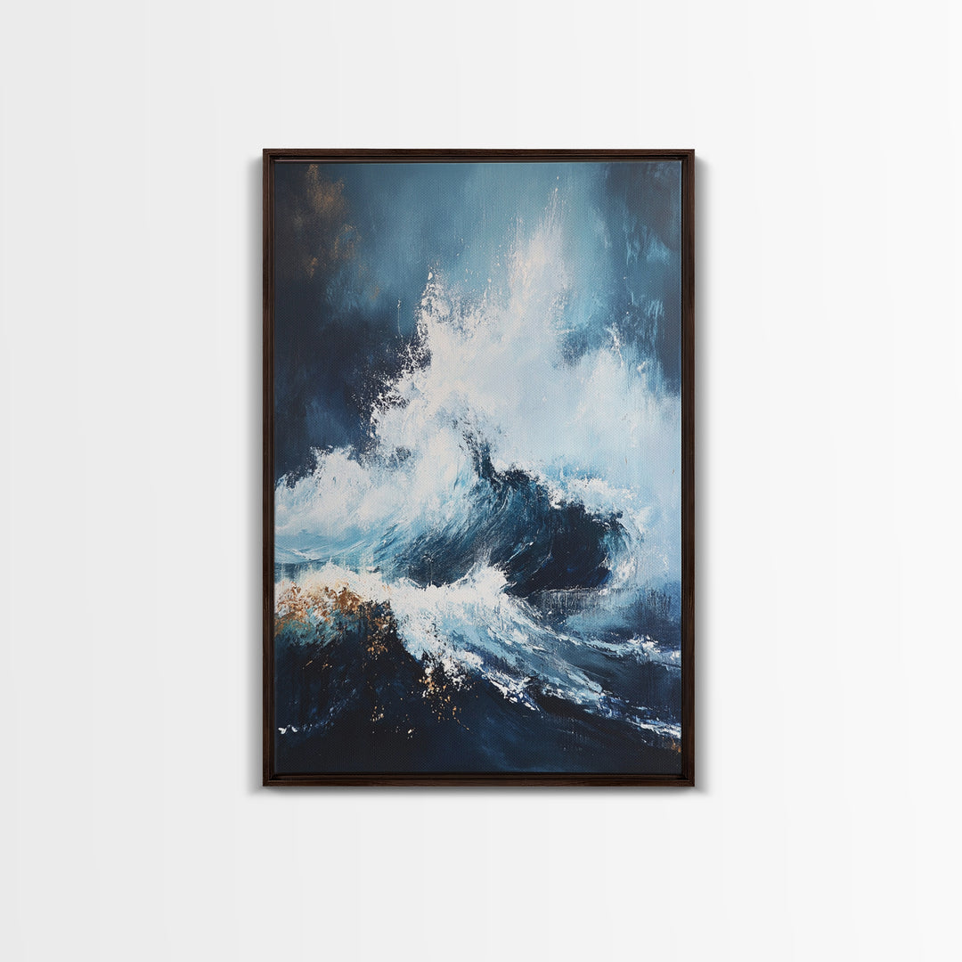 Ocean Wave Power Framed Canvas Print, Coastal Wall Art, Abstract Seascape Painting, Nautical Decor, Beach House Art, Modern Ocean Art