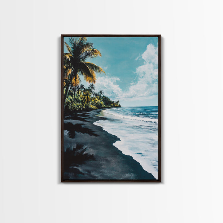 Black Sand Beach, Hawaii Art, Palm Tree Painting, Coastal Wall Art, Nautical Decor, Living Room Art, Canvas Print, Gift Idea