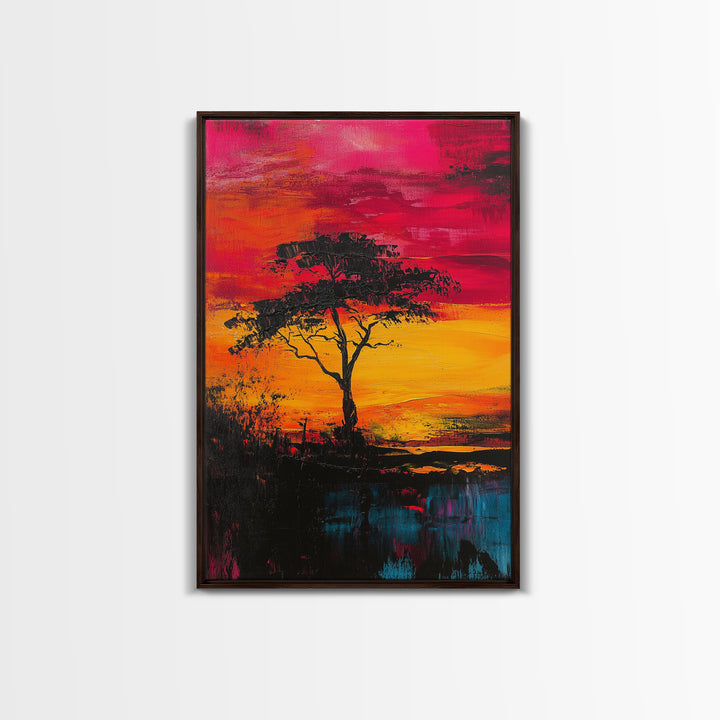 African Sunset Framed Canvas Print | Savanna Landscape Painting | Tree Silhouette Wall Art | Warm Sunset Decor | Rustic Home Art