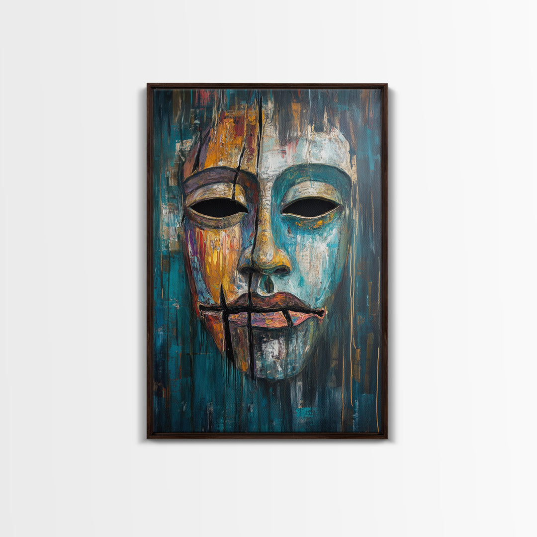 Abstract Mask Art Framed Canvas Print Ethnic Wall Decor Tribal Face Artwork Modern Expressionist Painting Boho Home Aesthetic Living Room