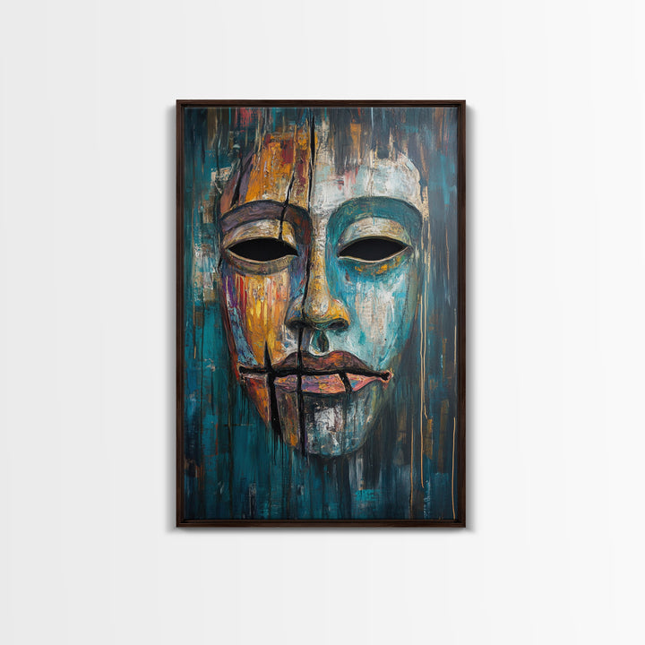 Abstract Mask Art Framed Canvas Print Ethnic Wall Decor Tribal Face Artwork Modern Expressionist Painting Boho Home Aesthetic Living Room