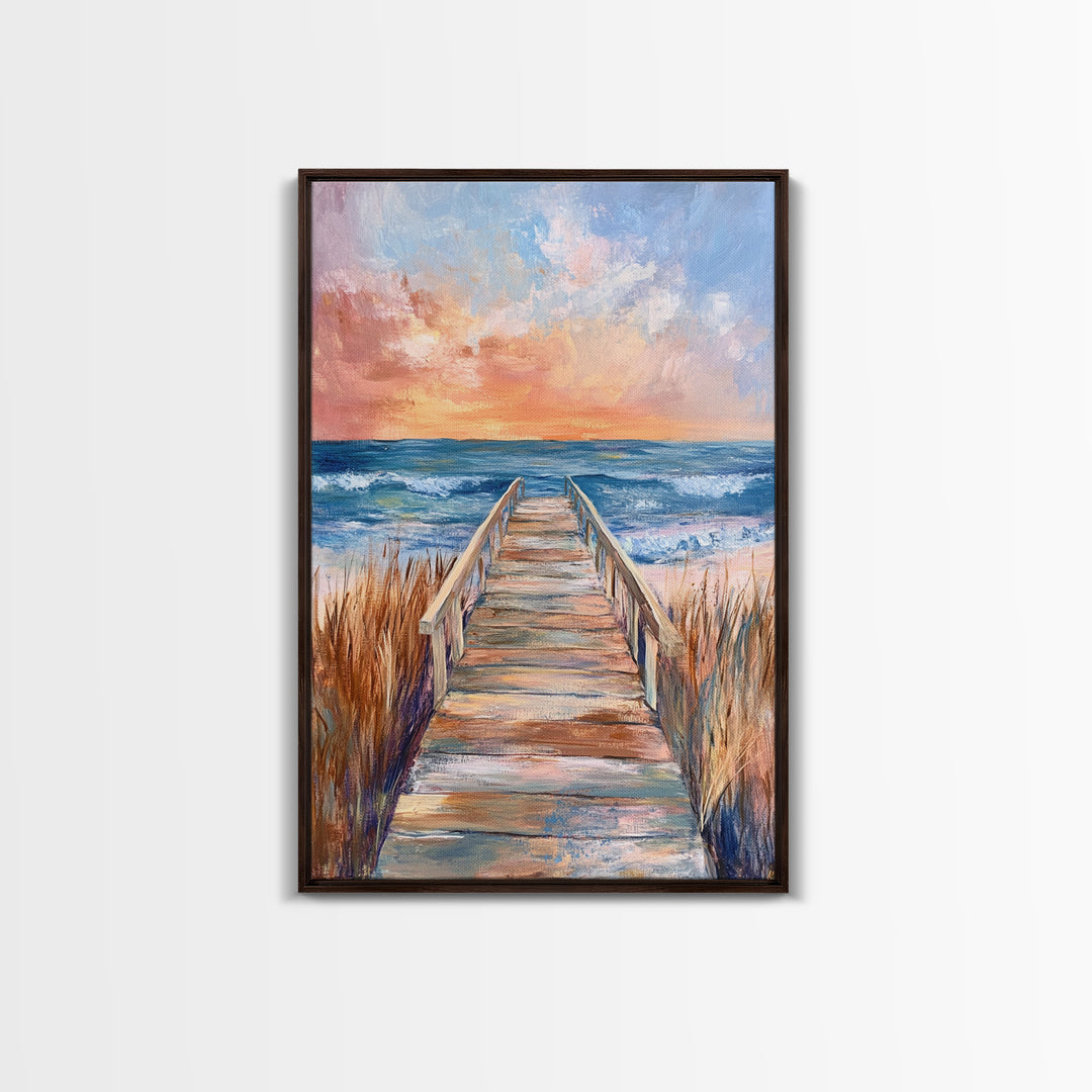 Coastal Sunset, Beach Boardwalk, Seascape Painting, Nautical Wall Art, Coastal Decor, Living Room Art, Canvas Print, Gift Idea