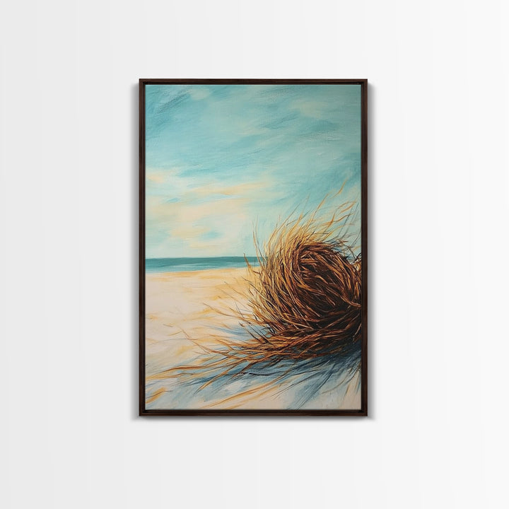 Beach Tumbleweed Painting Framed Canvas Print Coastal Wall Art Ocean Sand Decor Minimalist Art Boho Beach House Wall Accent