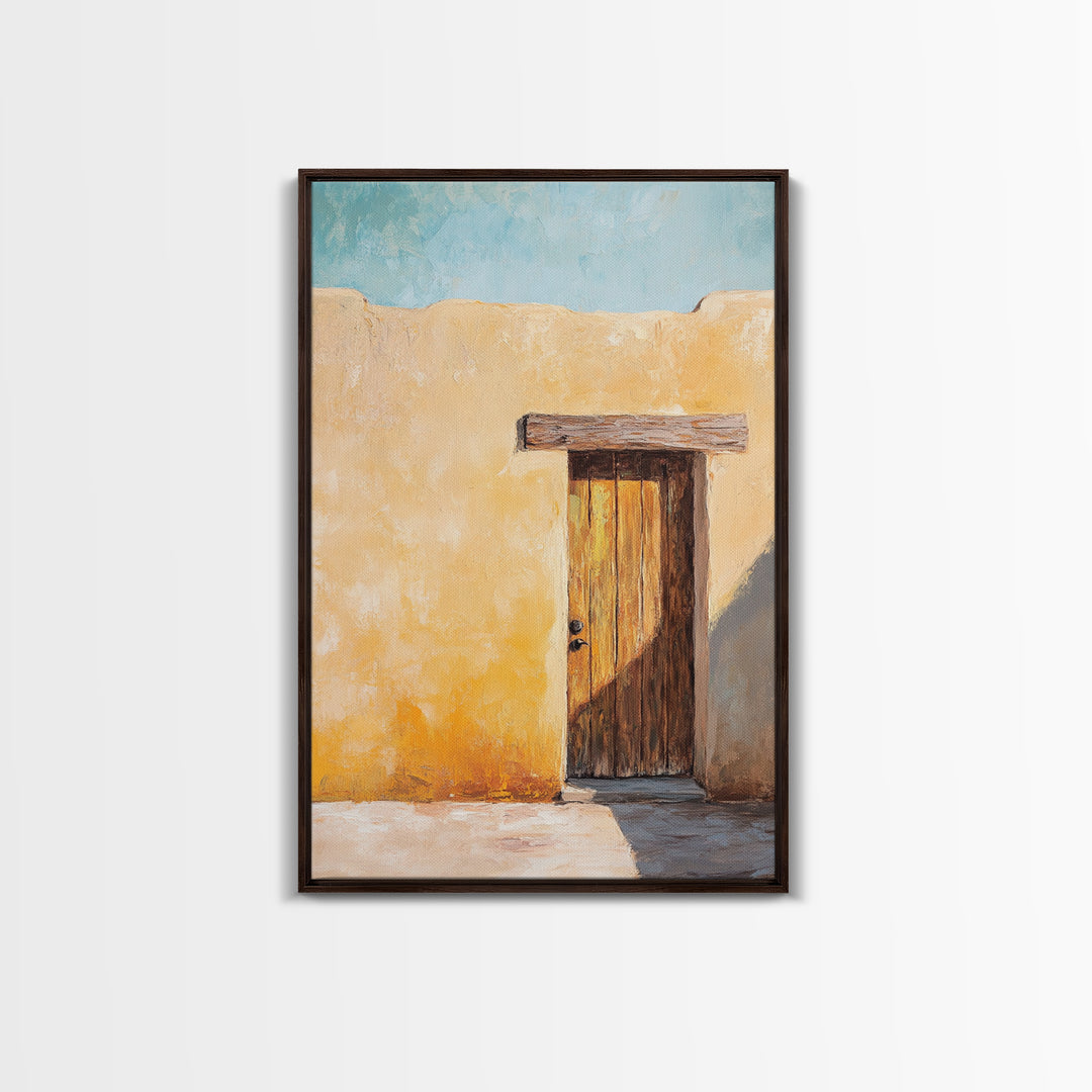 Rustic Adobe Door Framed Canvas Print Southwest Wall Art Desert Home Decor Bohemian Aesthetic Living Room Entryway Accent