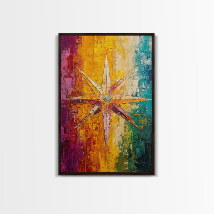Compass Star Canvas Print Rustic Nautical Wall Art Adventure Decor Travel Lovers Gift Vibrant Abstract Living Room Artwork
