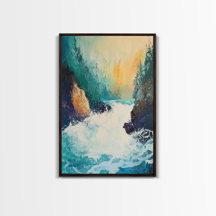 Rushing Waterfall Framed Canvas Print Nature Landscape Wall Art, Wilderness River Painting, Cabin Art, Mountain Stream Artwork