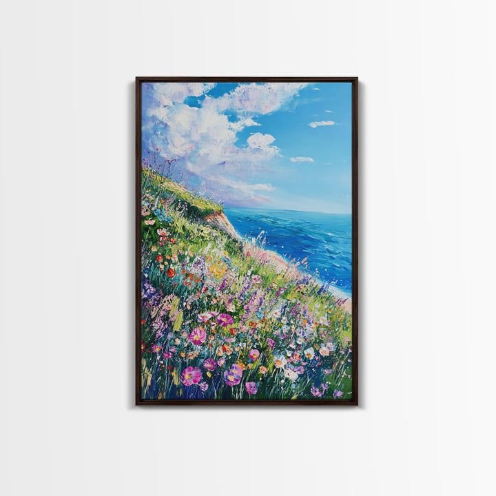 Ocean Cliffside Flowers Framed Canvas Print Coastal Landscape Wall Art, Wildflower Meadow Painting, Beach House Art, Seaside Decor
