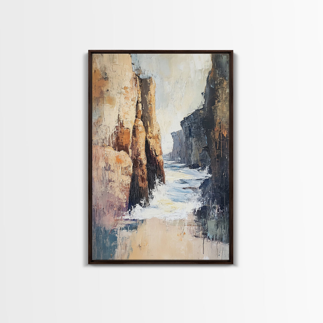 Canyon Coastal Waves Framed Canvas Print Dramatic Landscape Wall Art, Nature Painting, Rustic Western Art, Ocean Cliffs Artwork
