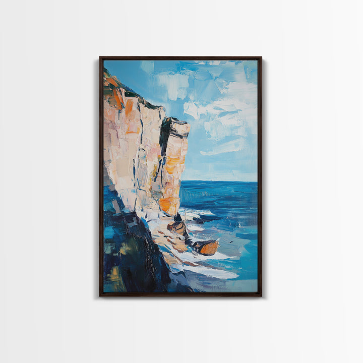 Coastal Cliff Art Framed Canvas Print | Beach Wall Decor | Ocean Landscape Painting | Seaside Home Art | Nautical Wall Art