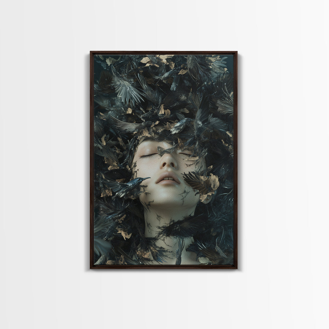 Dark Mystic Bird Canvas Print - Surreal Gothic Art, Moody Wall Decor, Dramatic Dreamscape Painting, Black Feather Fantasy Artwork