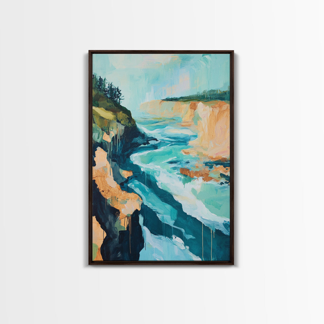Coastal Cliffs, Nautical Painting, Seascape Painting, Rustic Decor, Extra Wide Art, Above Bed Wall Art, Framed Canvas Print