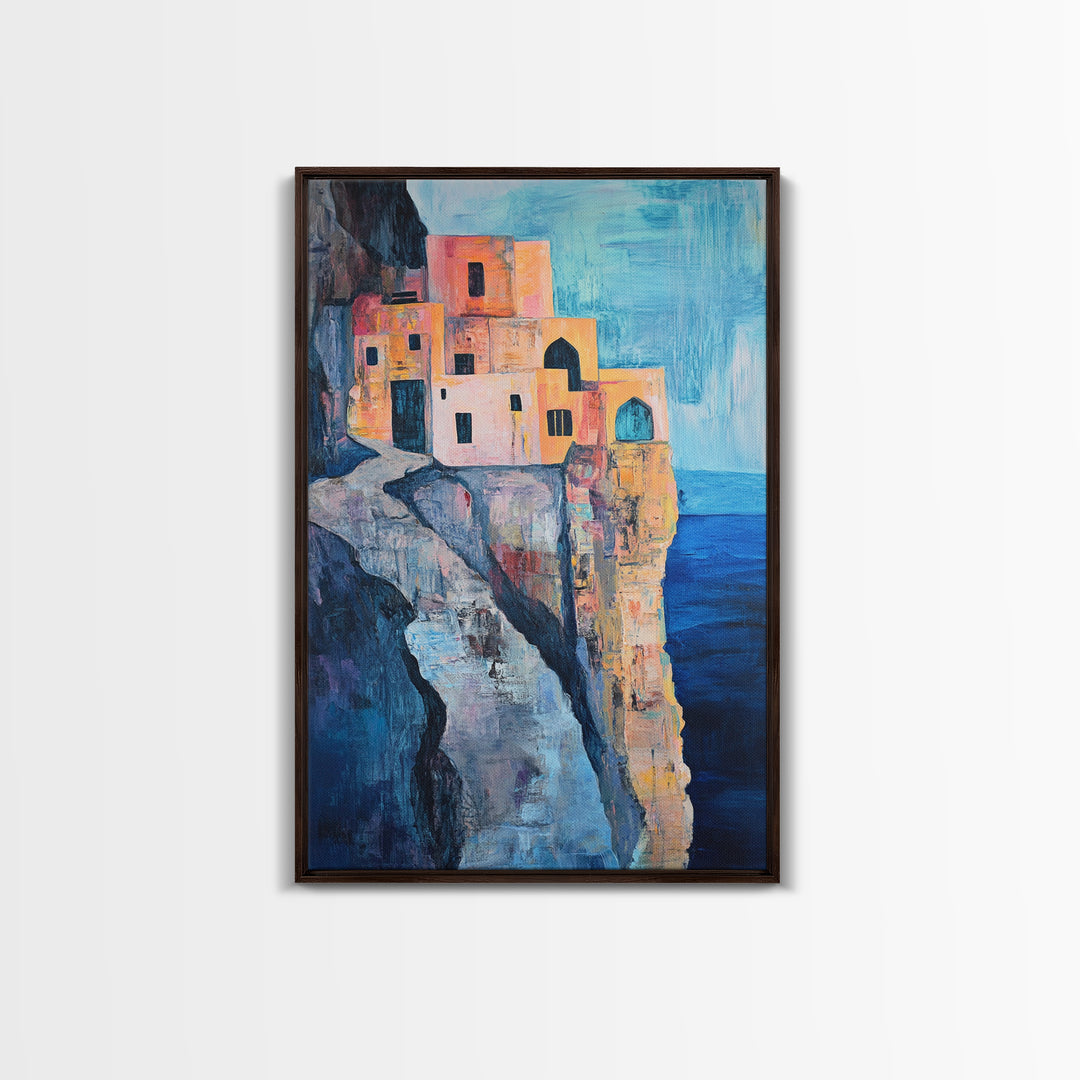 Cliffside Village, Mediterranean Art, Coastal Wall Art, Seascape Painting, Boho Art, Rustic Wall Art, Framed Canvas Print