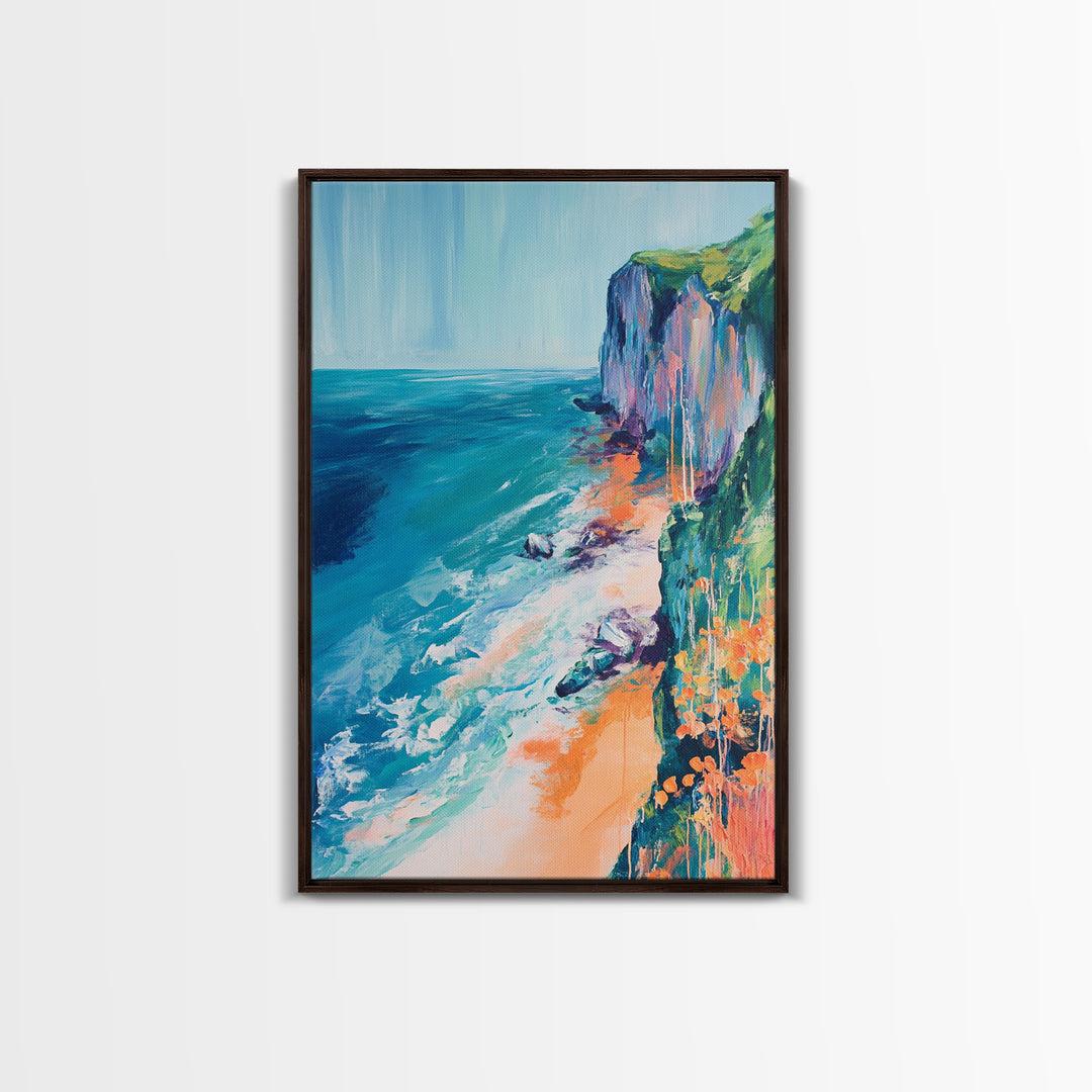 Ocean Cliffs, Coastal Decor, Nautical Wall Art, Landscape Painting, Seascape Painting, California Poppy Art, Canvas Print