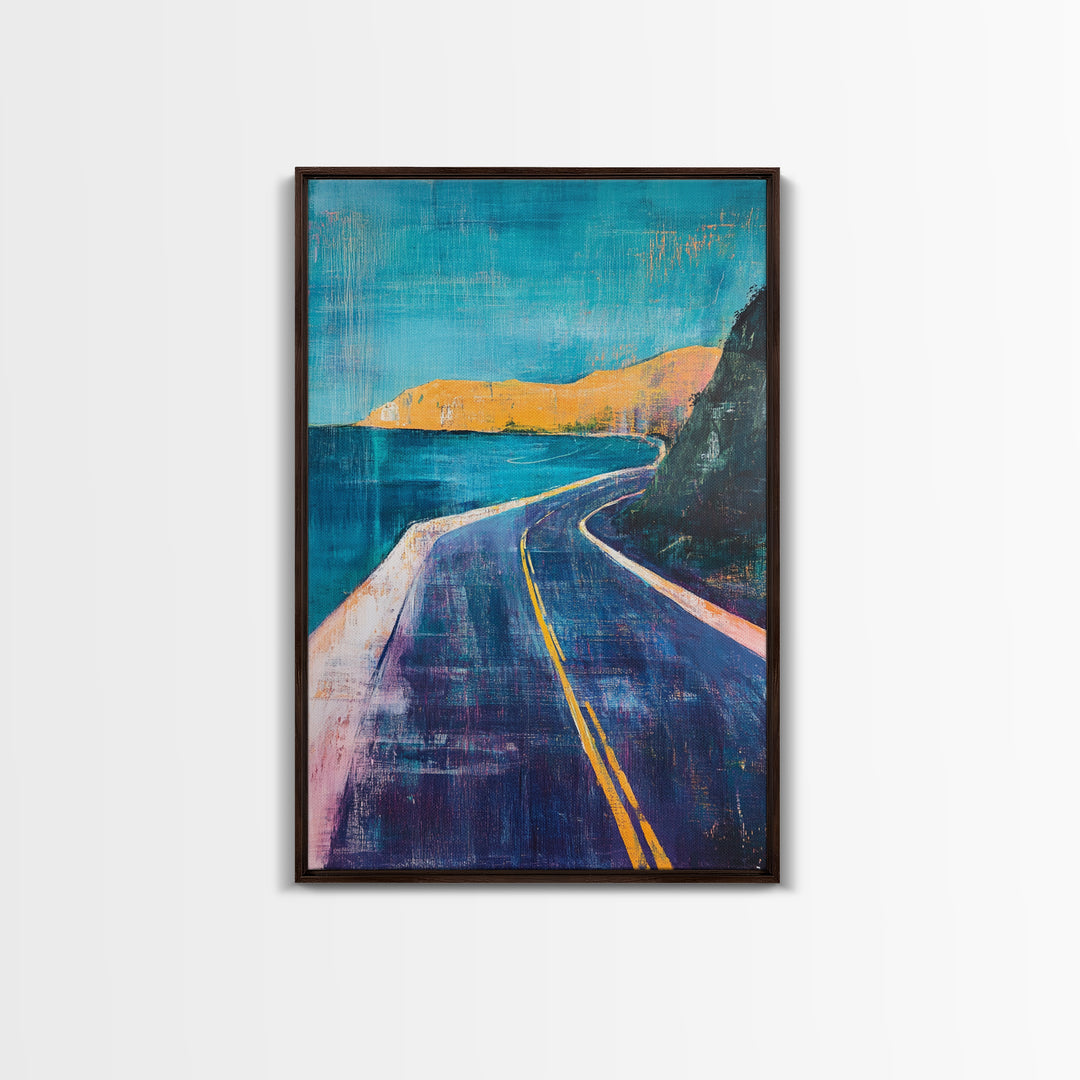 Coastal Highway, surf wall art, coastal decor, scenic road painting, living room art, minimalist art, Framed Canvas Print, gift idea