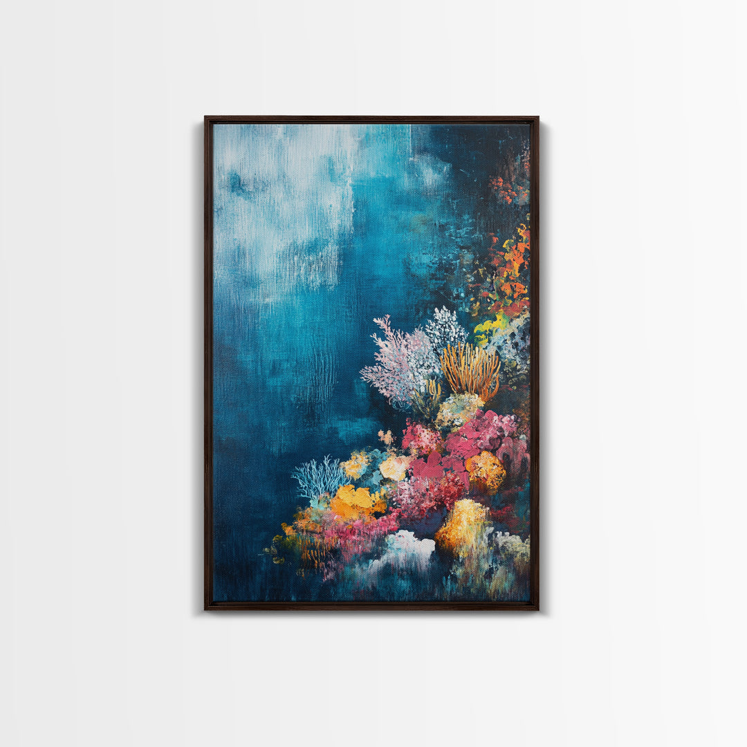 Deep Sea Coral, ocean painting, nautical decor, coastal wall art, blue and green wall art, above sofa art, Framed Canvas Print, gift idea