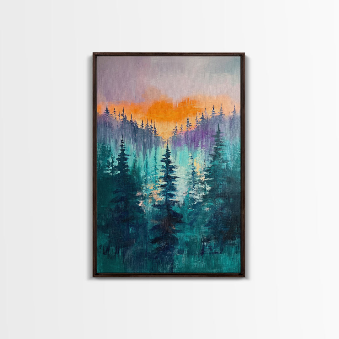 pine tree art, landscape painting, framed canvas print, mountain painting, forest at dusk painting, rustic wall art, gift idea