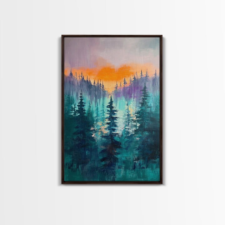 pine tree art, landscape painting, framed canvas print, mountain painting, forest at dusk painting, rustic wall art, gift idea