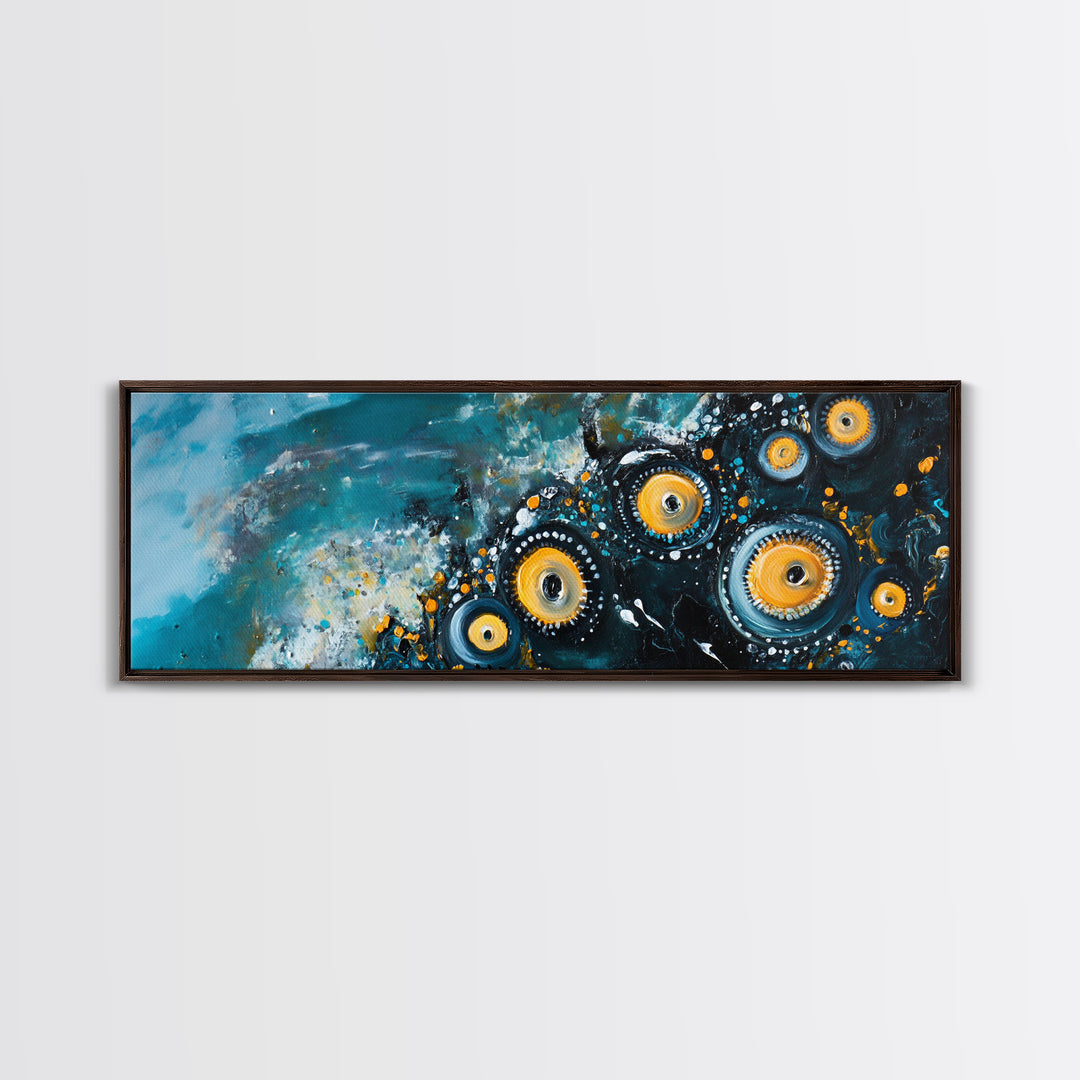 Abstract Cosmic Eye Painting, Modern Celestial Art, Blue and Gold Surreal Wall Decor, Unique Living Room, Framed Canvas Print