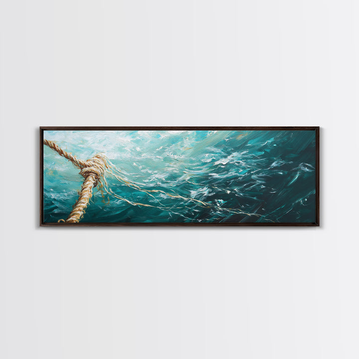 Ocean Rope Waves Canvas Print Nautical Wall Art Beach House Decor Coastal Blue Artwork Framed Seascape Living Room Wall Art