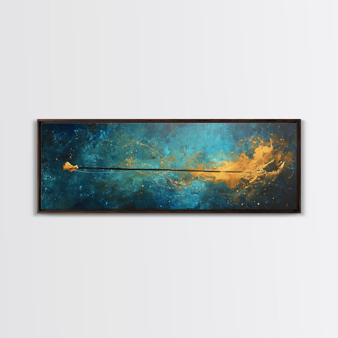 Cosmic Fishing Line Canvas Print Abstract Space Wall Art Gold and Blue Modern Artwork Celestial Decor Living Room Framed Art