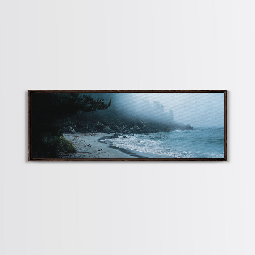 Foggy Beach Framed Canvas Print Moody Coastal Wall Art, Ocean Mist Seascape, Minimalist Nature Print, Tranquil Living Room Decor