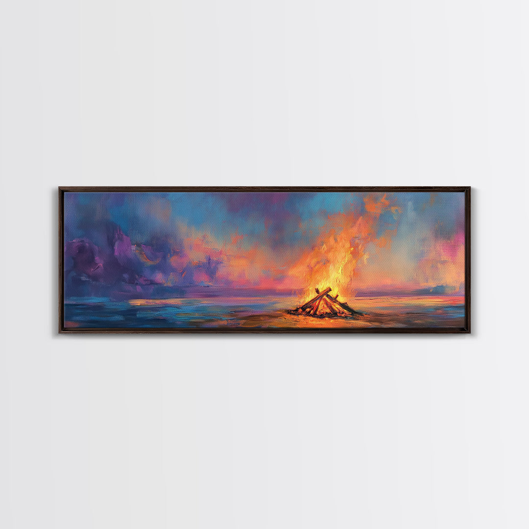 Beach Bonfire Sunset Painting, Vibrant Coastal Seascape Art, Ocean Night Sky Wall Decor, Warm Living Room, Framed Canvas Print