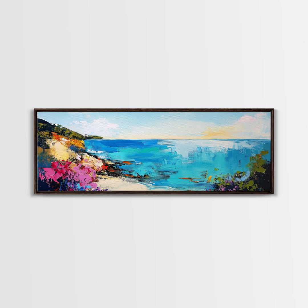Coastal Cliffside Beauty Framed Canvas Print Impressionist Ocean Wall Art Vibrant Seaside Home Decor Living Room Gift