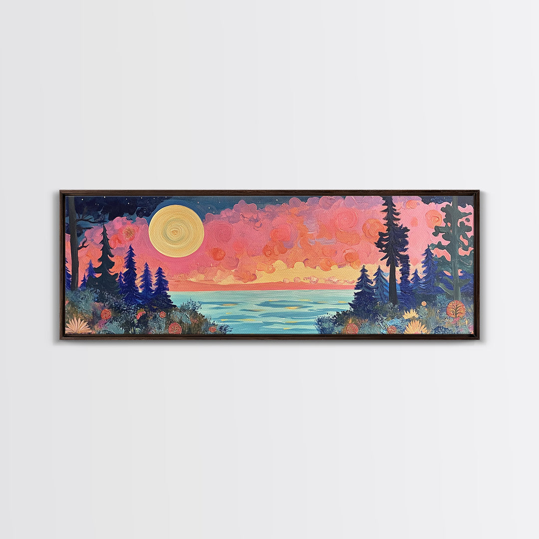 Mystical Moonlight Landscape Framed Canvas Print, Dreamy Forest Art, Boho Sunset Wall Art, Celestial Painting, Living Room Decor