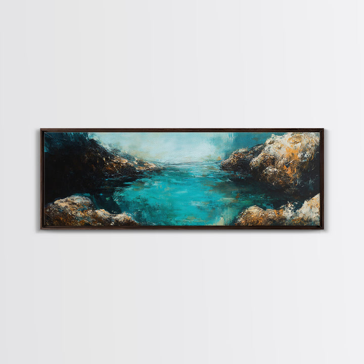 Rocky Cove Ocean Art Framed Canvas Print Textured Seascape Wall Decor Coastal Home Accent Nautical Painting Bedroom or Living Room Gift
