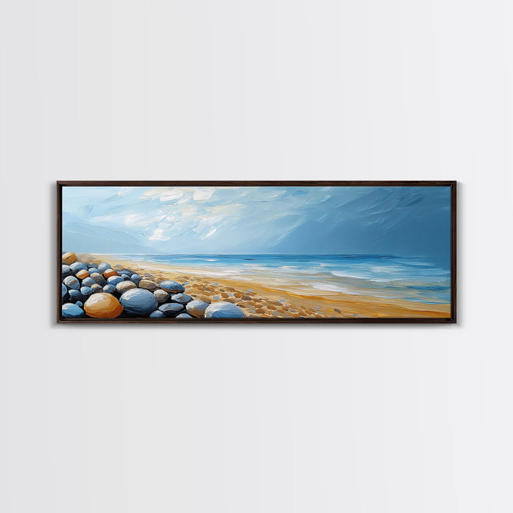 Pebble Beach Seascape Framed Canvas Print Coastal Landscape Wall Art, Serene Ocean Painting, Nautical Bathroom Decor, Minimalist Art